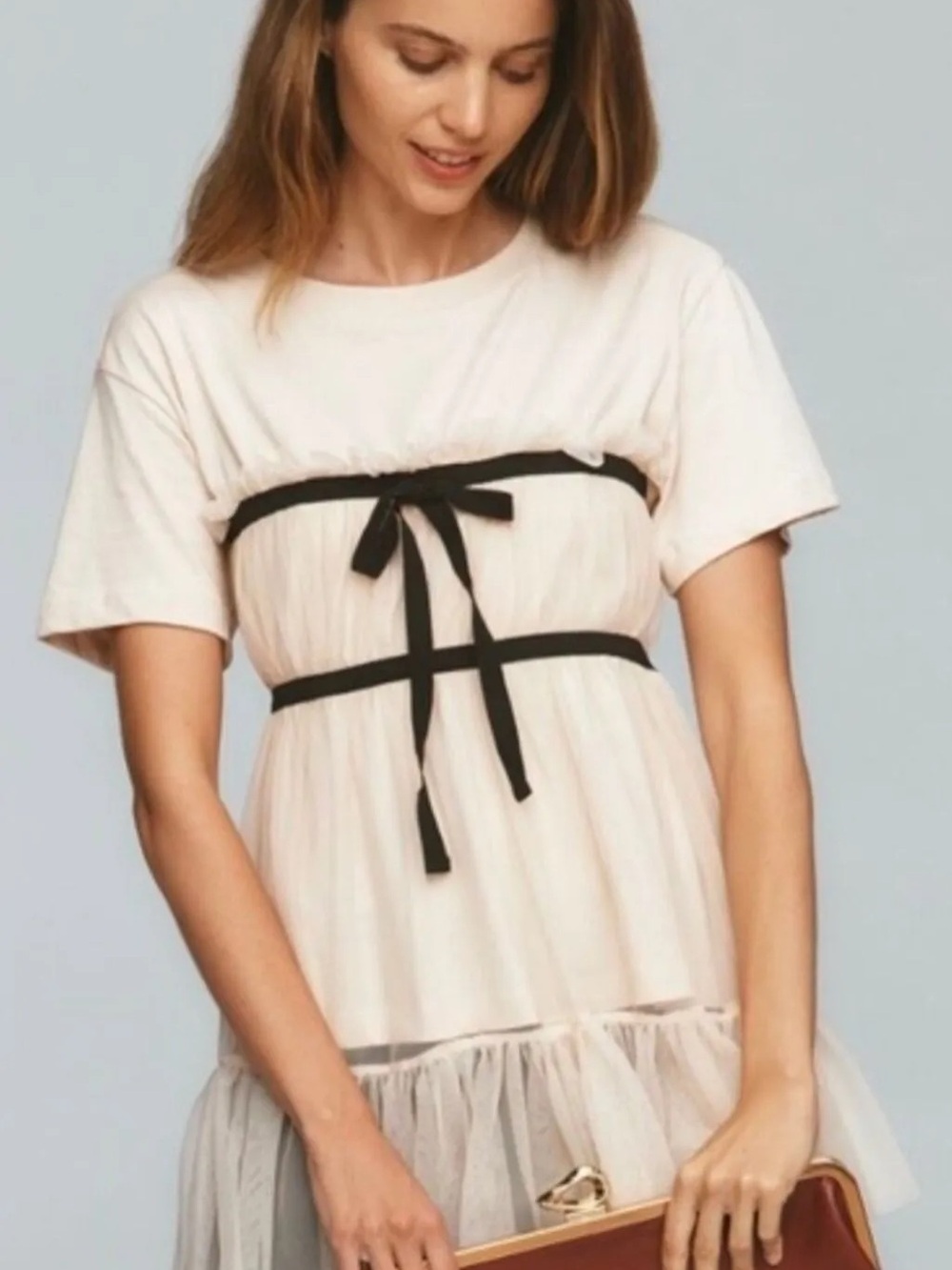 Anthropologie Cream & Black Short-Sleeve Layered Top